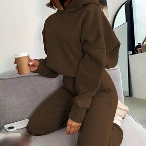Brown Casual Women's Hoodie And Pants Two Piece Set